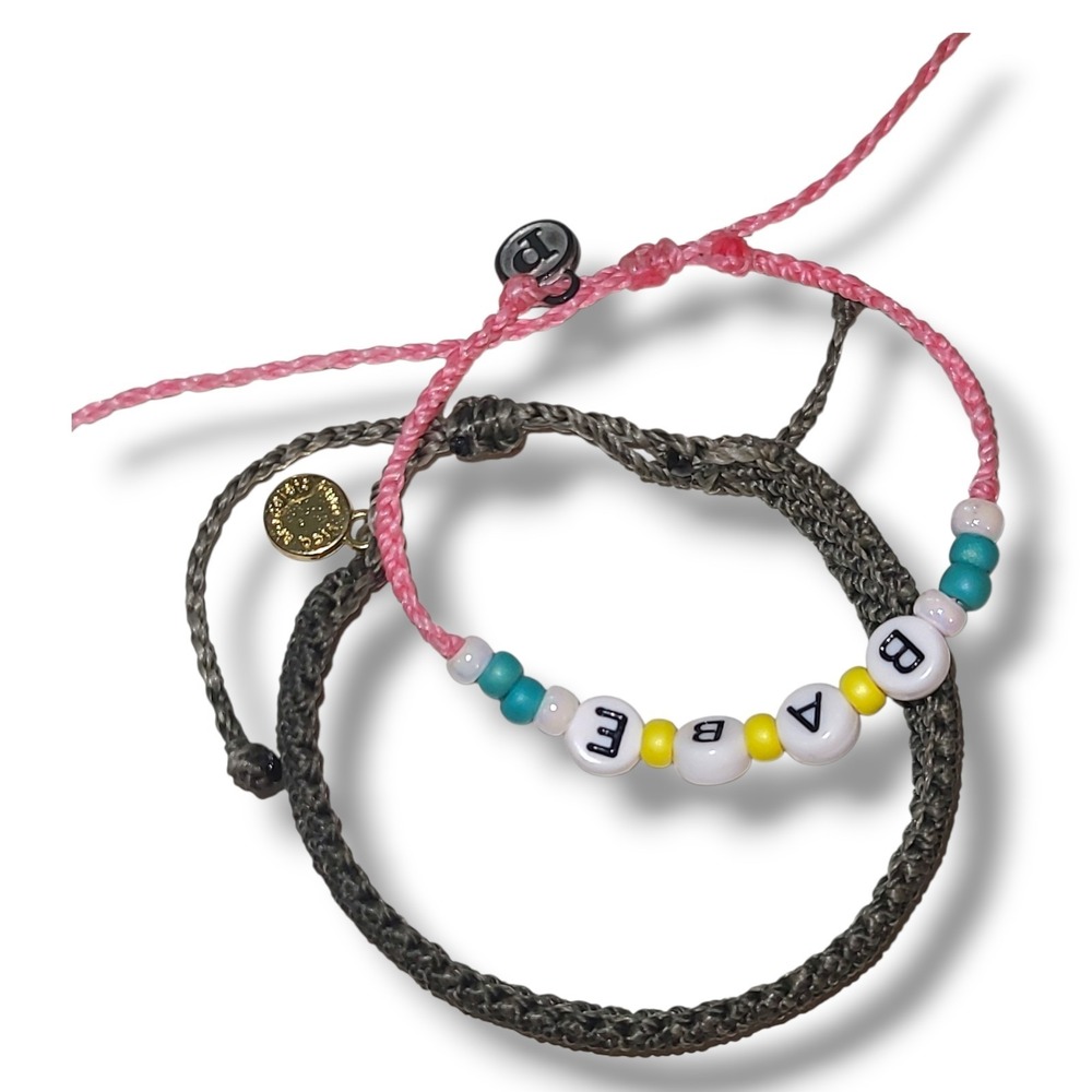 Pura Vida Bracelet Lot 2 Adjustable‎ Cord Beaded BABE Gray Pink Friendship Surf